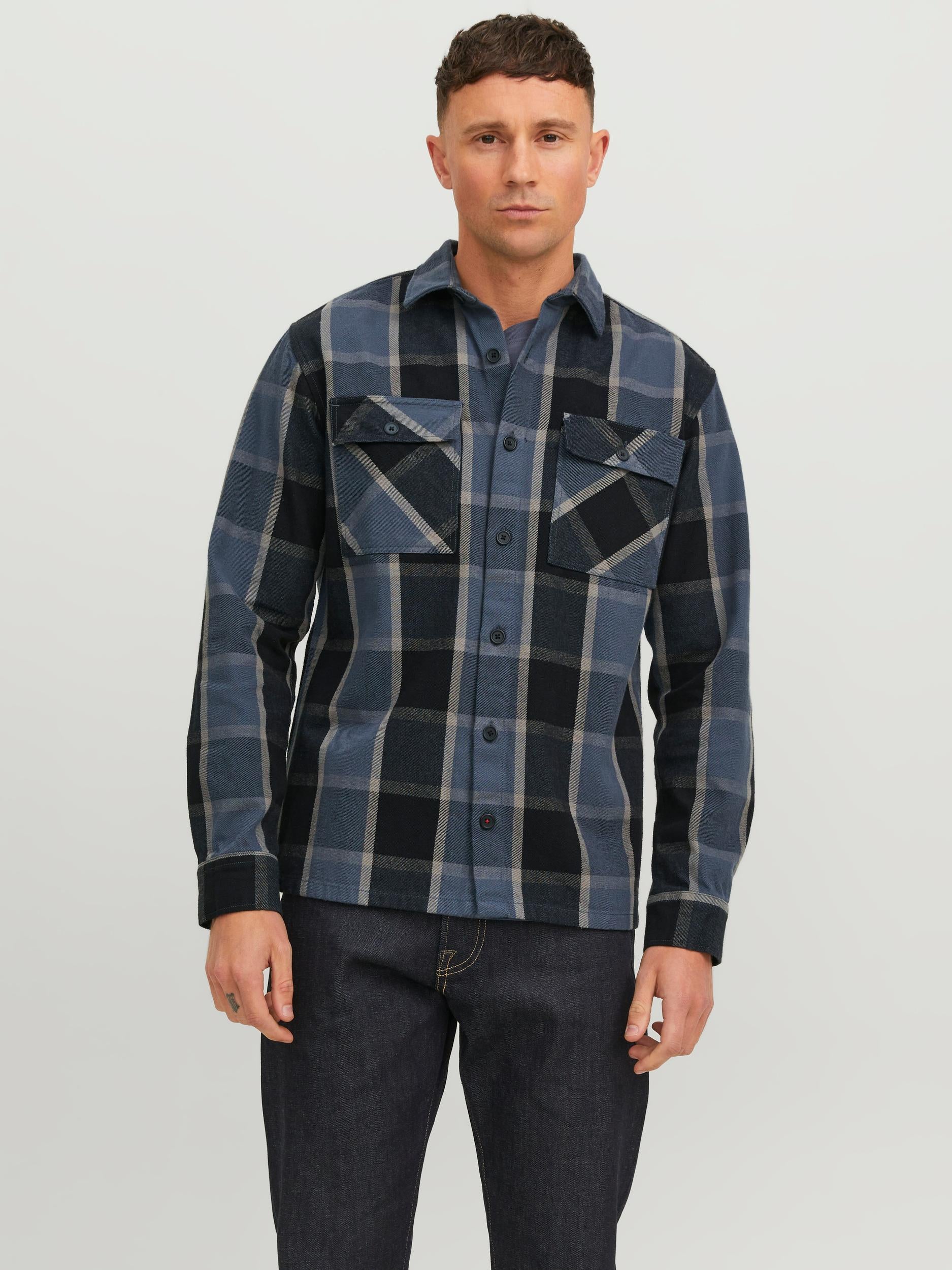 Men's Brady Check Overshirt Long Sleeve-Charcoal Gray-Front View