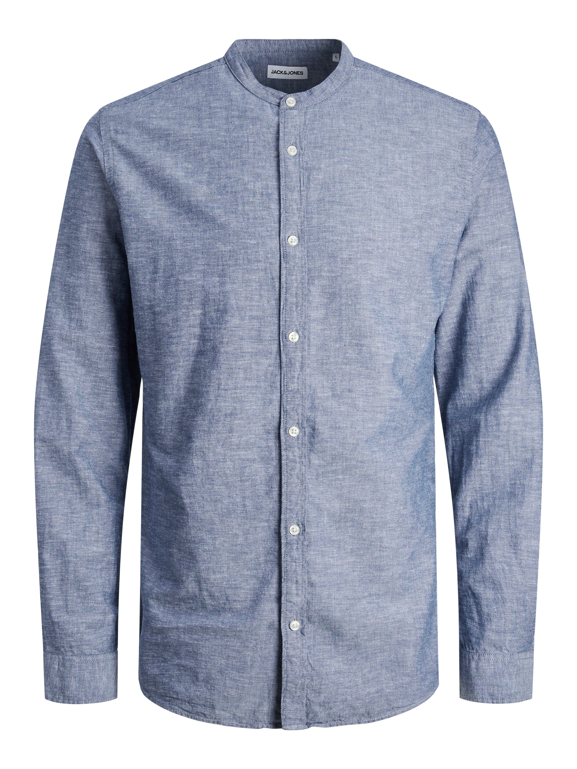 Men's Linen Band Shirt Long Sleeve-Faded Denim-Front View