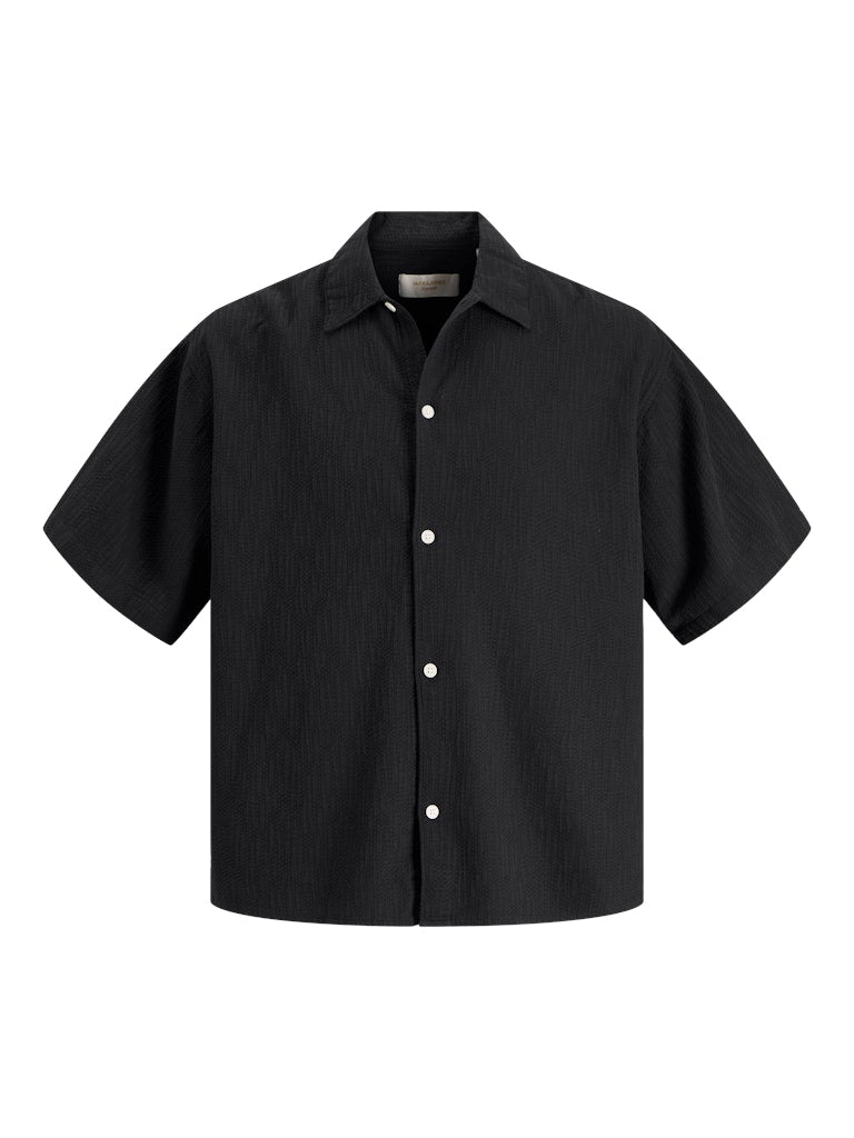 Black short-sleeve shirt on a white background