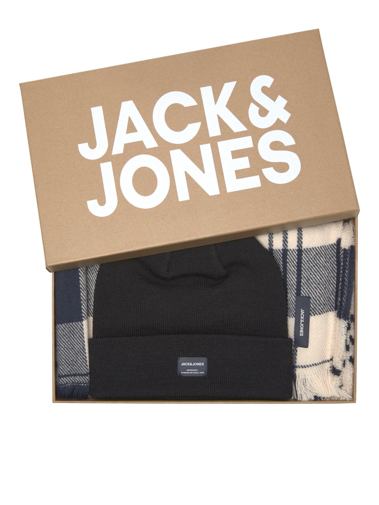 Black beanie and plaid scarf in a 'Jack & Jones' branded box on a white background