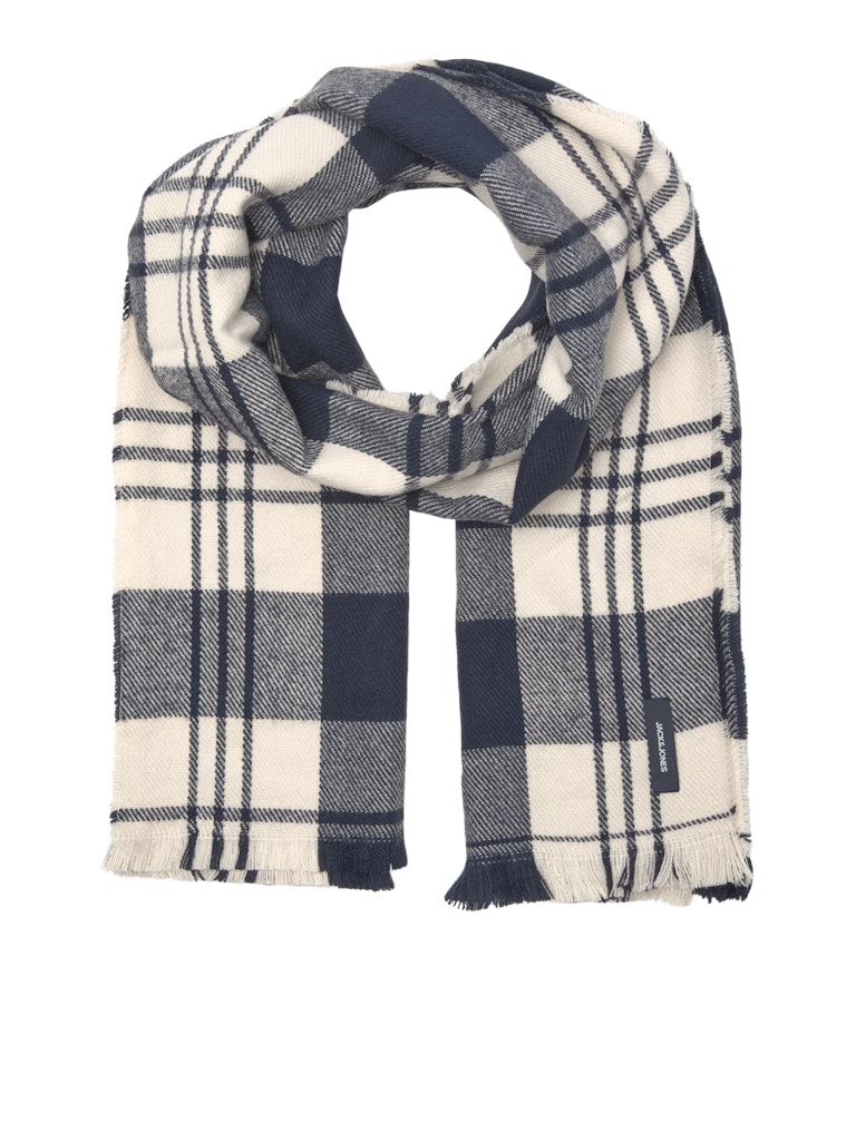 Plaid scarf with white and navy pattern on a white background