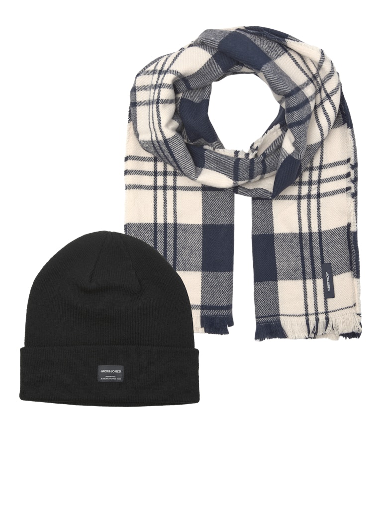 Black beanie and plaid scarf on a white background