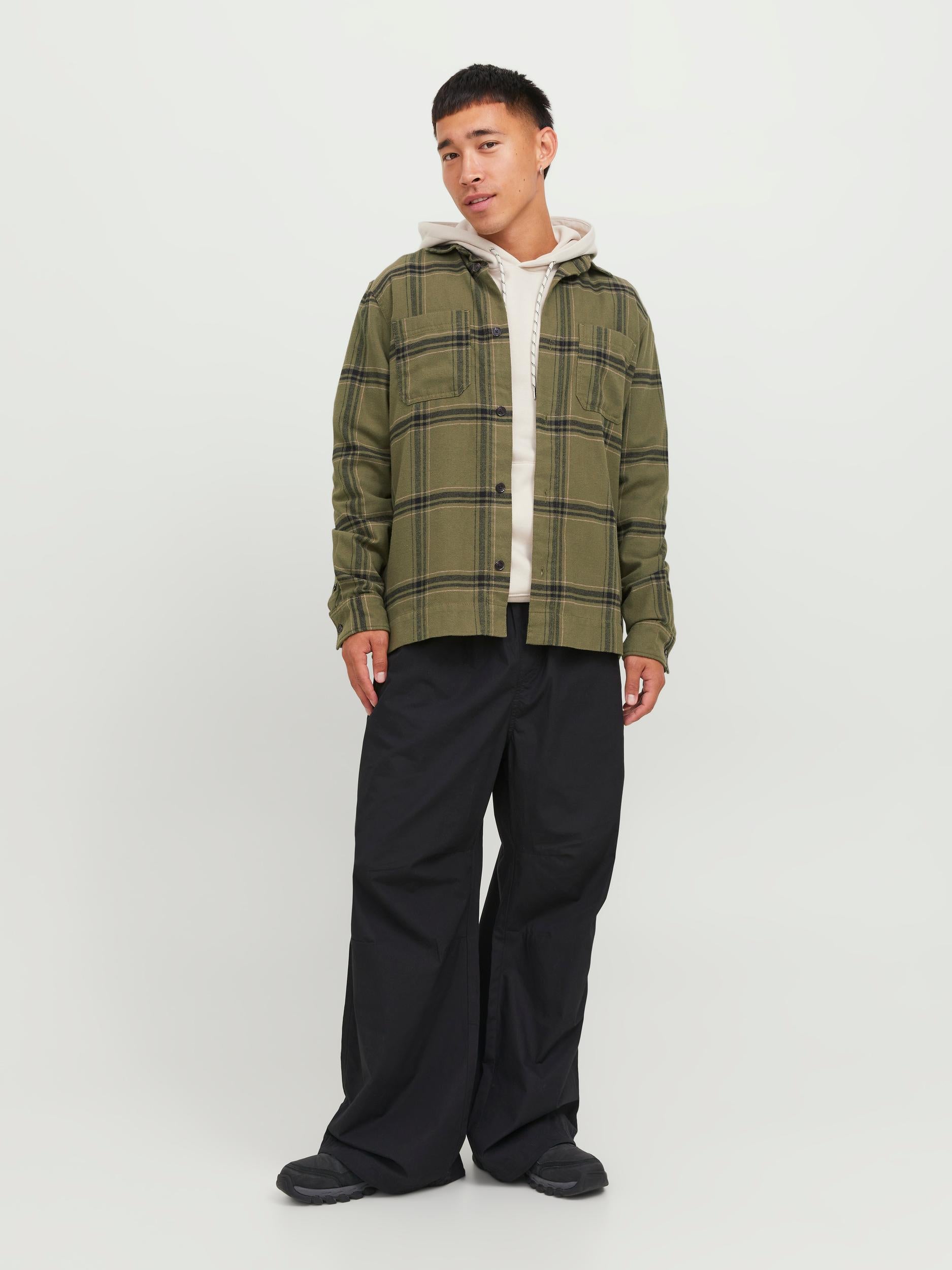 Space Logan Black Check Flannel Overshirt-Full model view