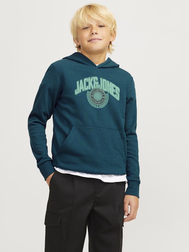 Boy's Kam Varsity Branding Sweat Hood Junior-Deep Teal-Model Front View