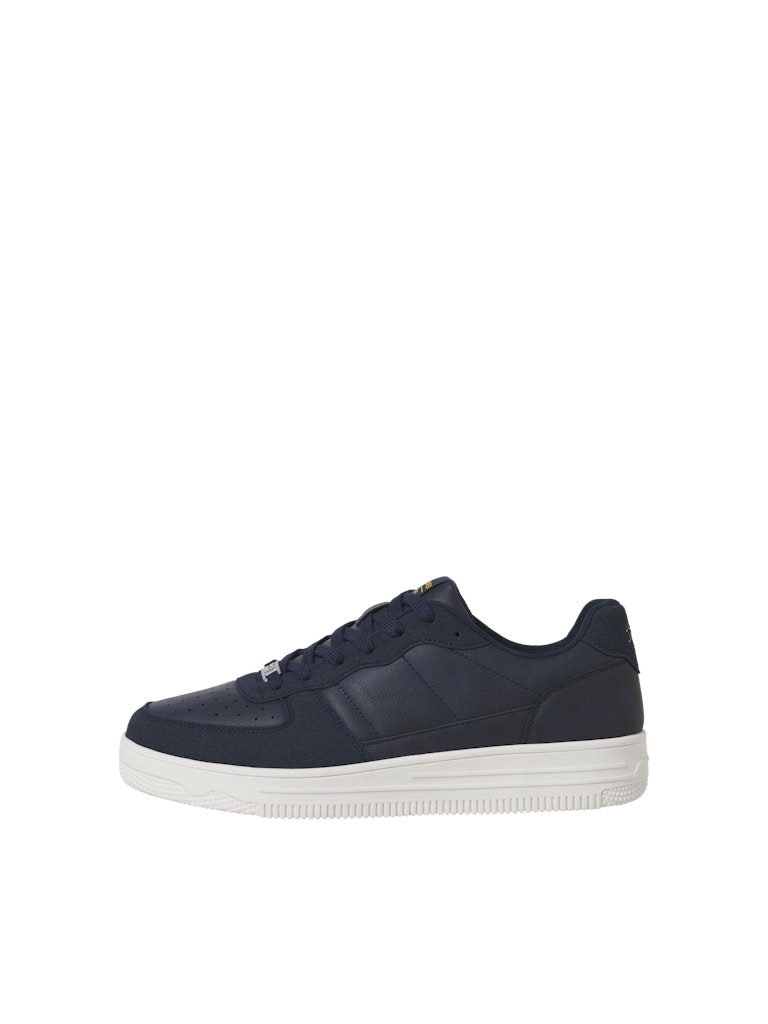 Navy blue sneaker with white sole on a white background