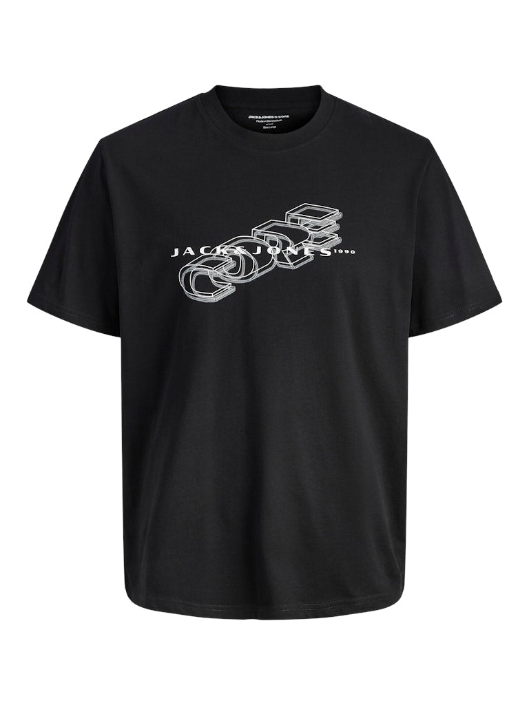 Black t-shirt with white graphic design on a white background