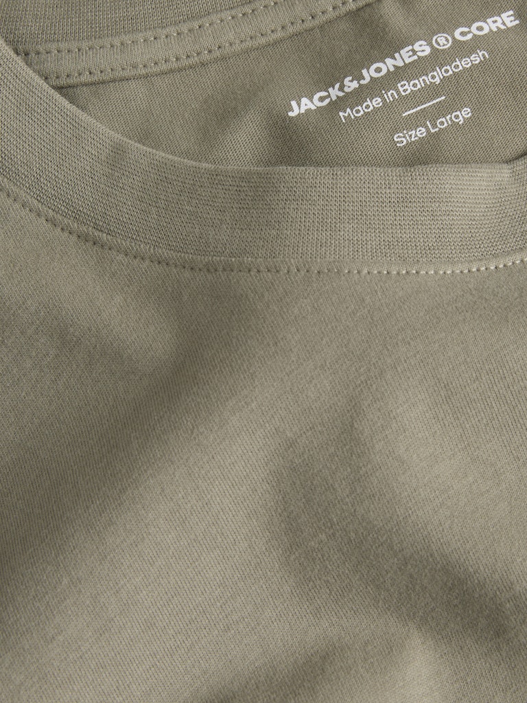 Close-up of a green t-shirt with 'Jack & Jones' branding and text on the collar.