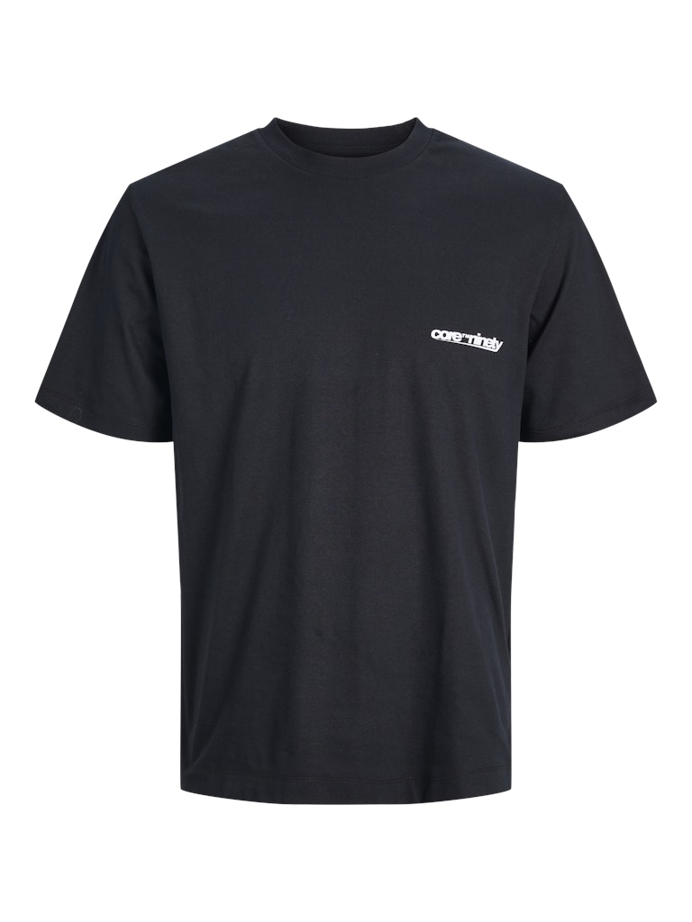 Black t-shirt with a logo on the chest against a white background