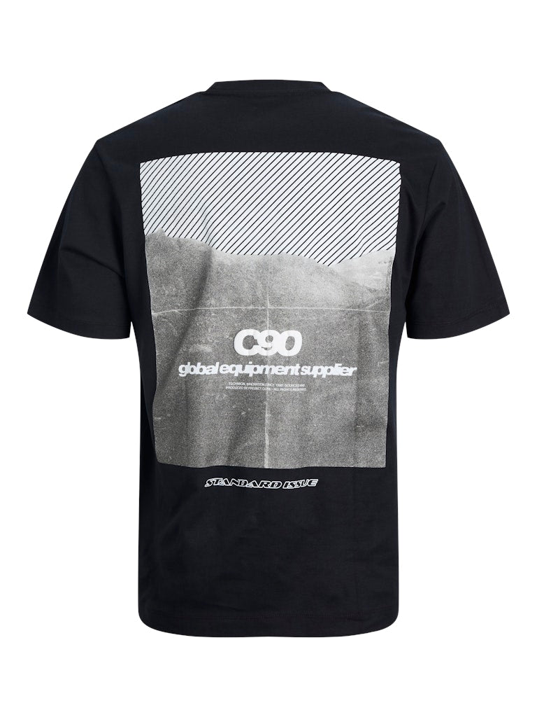 Black t-shirt with a graphic design on the back featuring text and patterns.