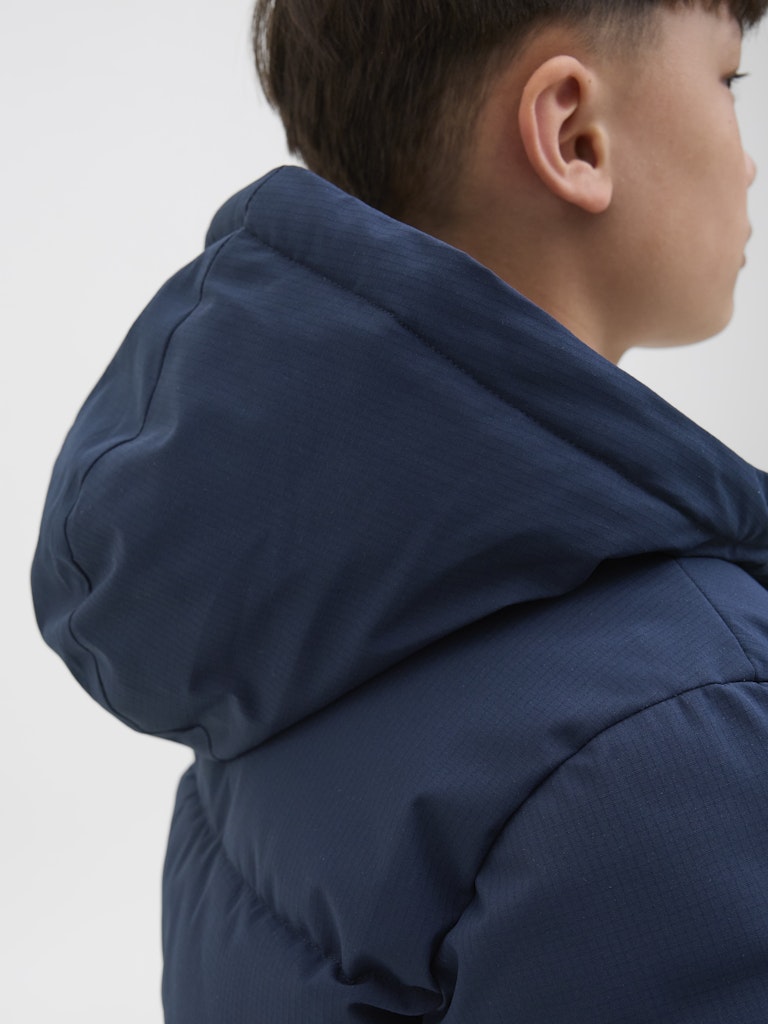Person wearing a blue hooded jacket on a white background