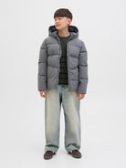 Jack Jones Youths Global Junior Puffer Jacket-Castlerock Castlerock model front view