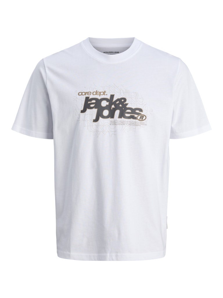White t-shirt with 'Jackie & Jones' logo on a white background