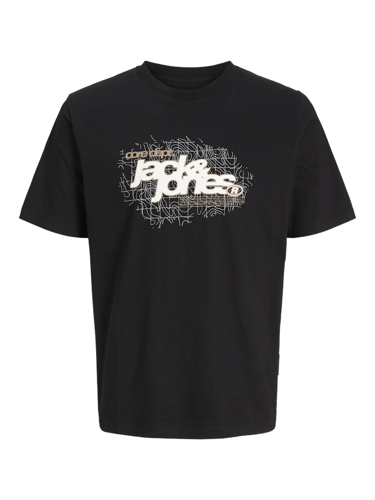 Black t-shirt with white logo on a white background