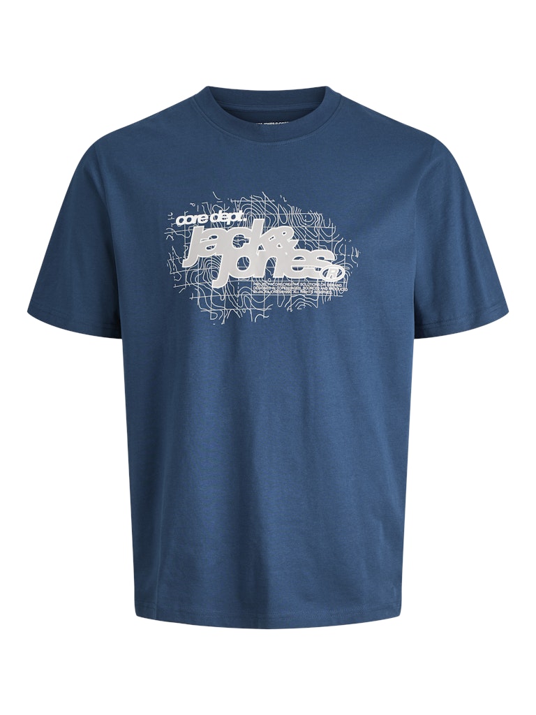 Blue t-shirt with white graphic design on a white background