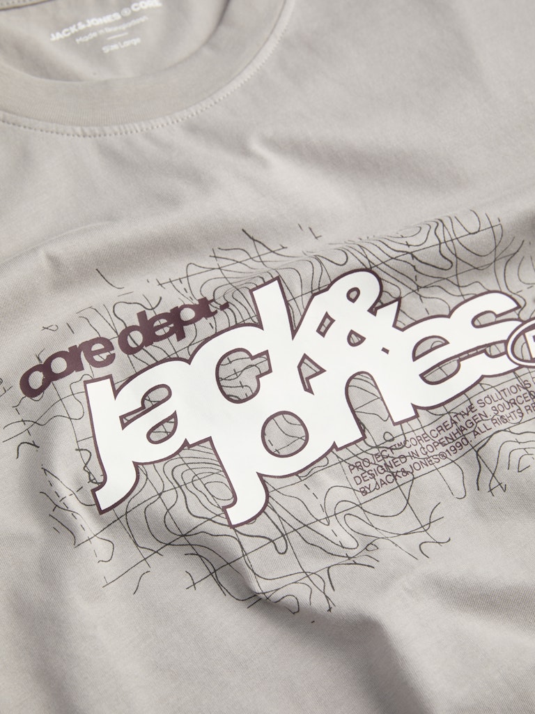 Beige t-shirt with 'core dept. jack & jones' logo and design.
