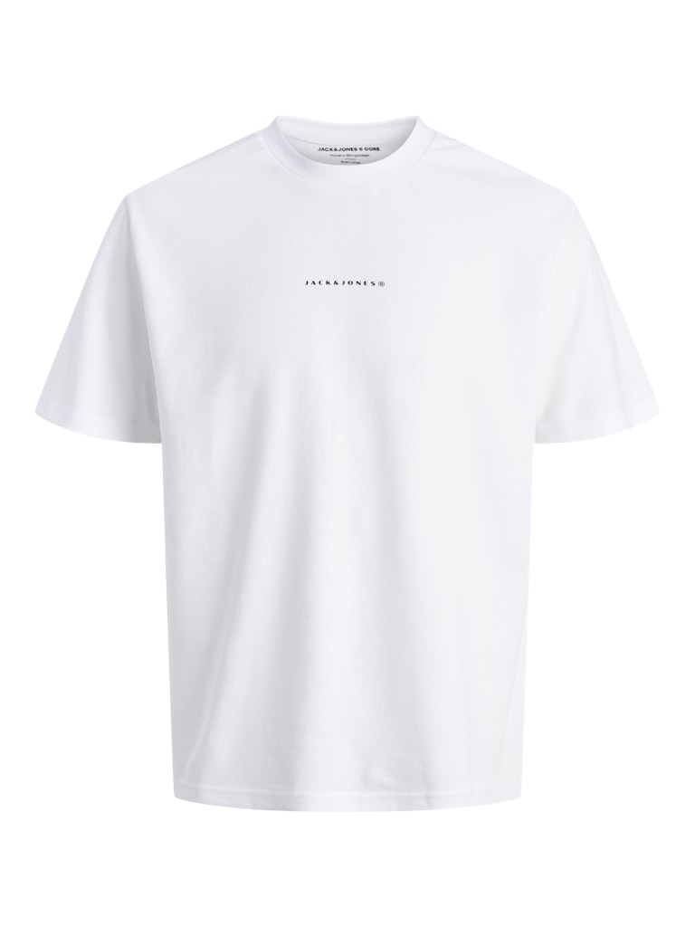 White t-shirt with a brand logo on a white background