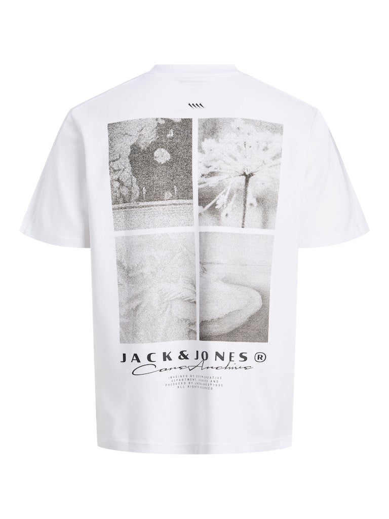 White t-shirt with black and white graphic design and 'Jack & Jones' branding on a white background