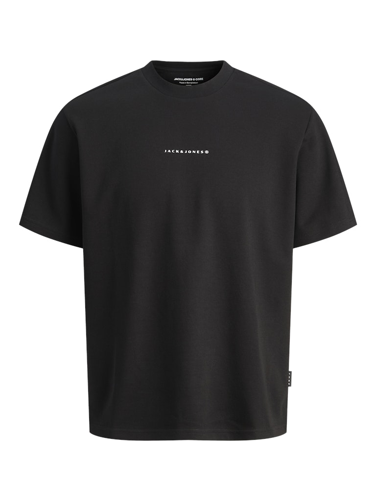 Black t-shirt with a small white logo on a white background