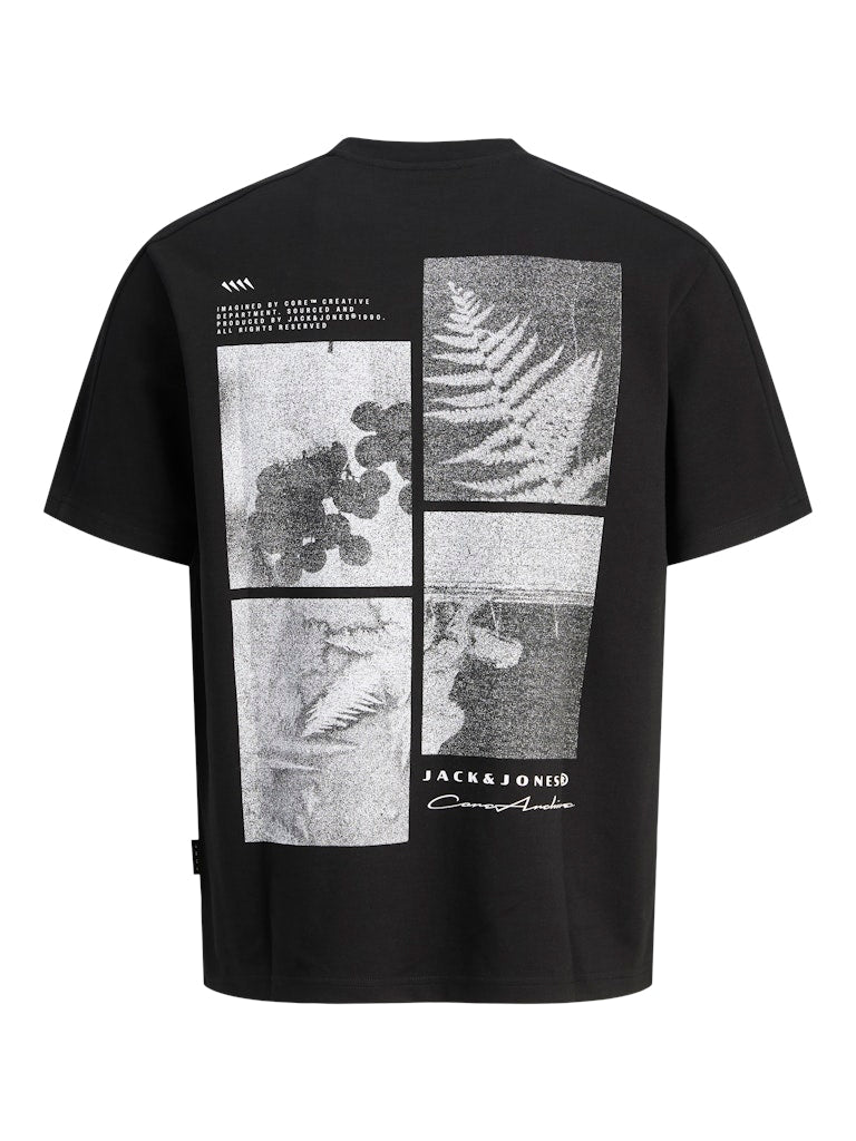 Black t-shirt with graphic design on a white background