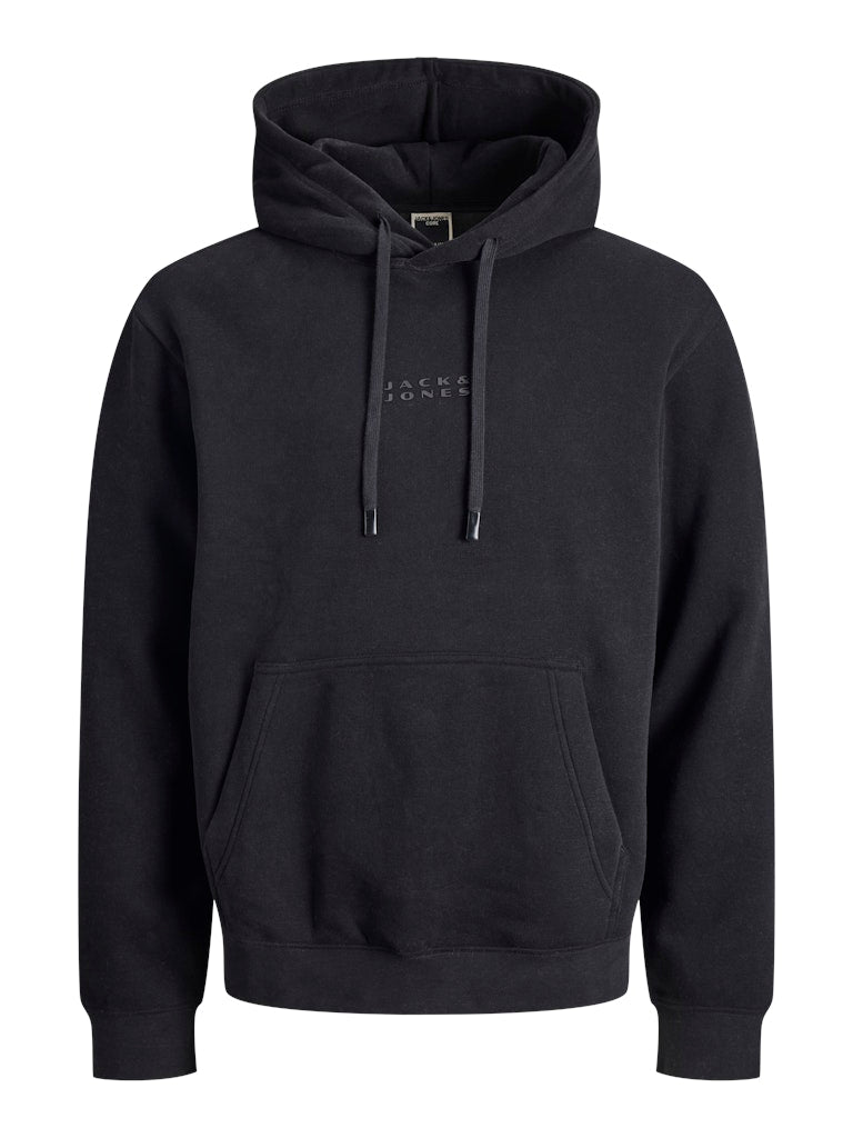 Black hoodie with 'Jack & Jones' branding on a white background