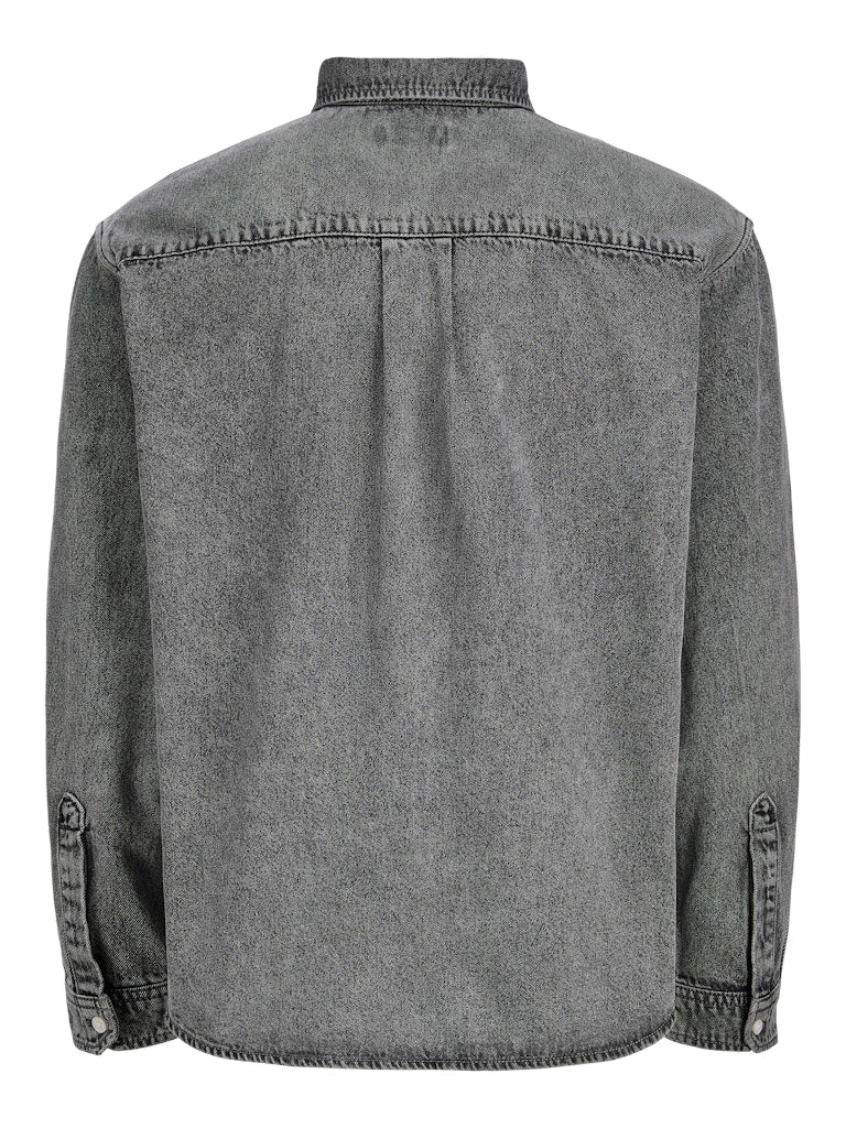 Back view of a gray denim shirt on a white background