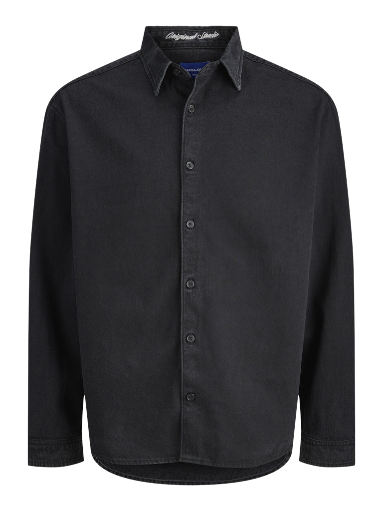 Black button-up shirt on a white background