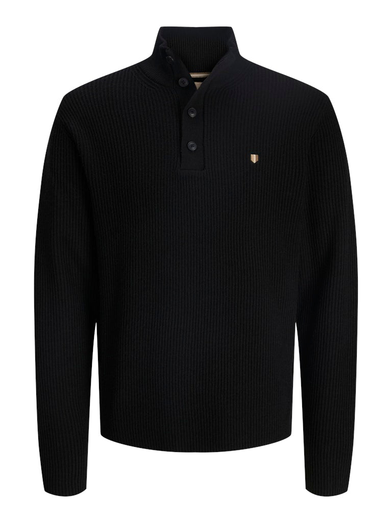 Black ribbed knit sweater with a small logo on a white background