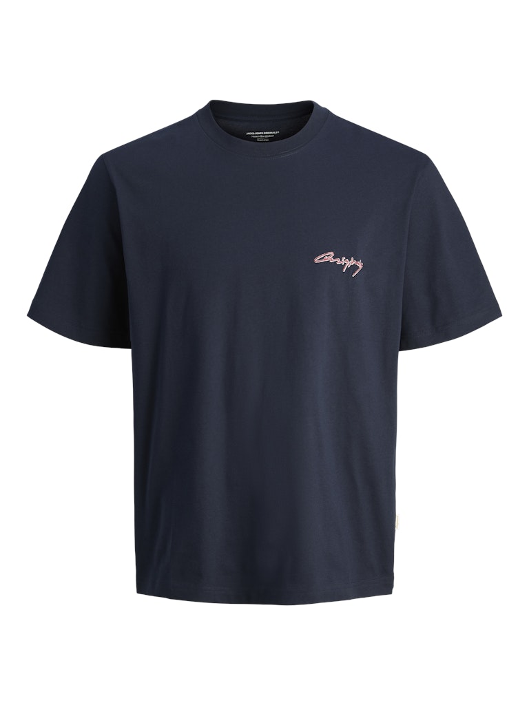 Navy blue t-shirt with a logo on a white background