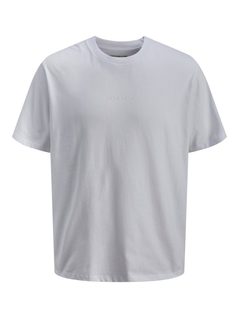 White t-shirt with white 'Core' logo on a white background