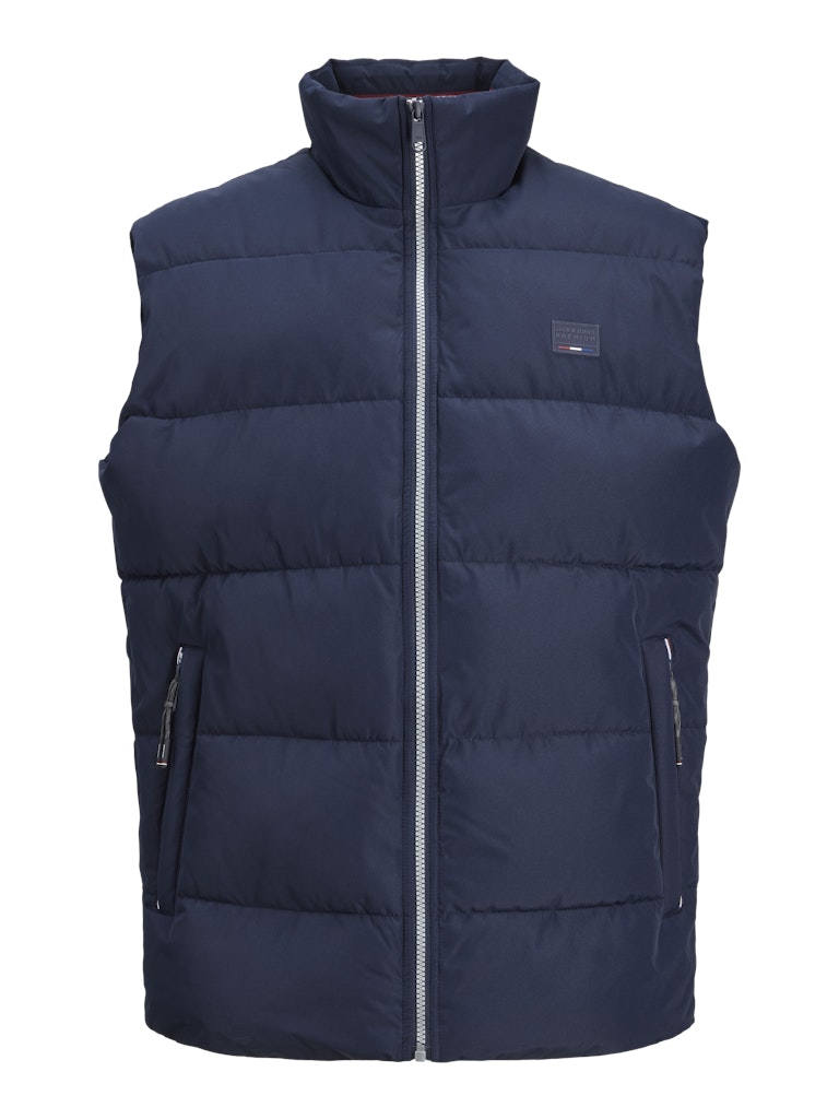 Navy blue puffer vest on a white background