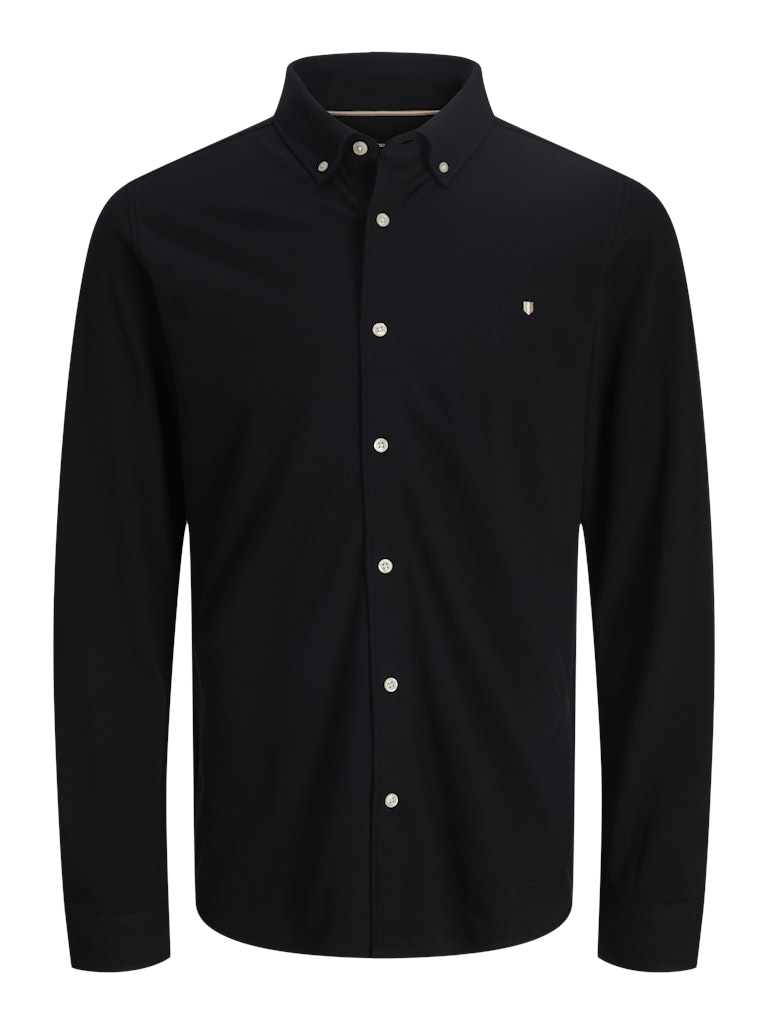 Black shirt with white buttons on a white background
