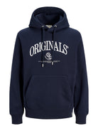 JACK & JONES Frederiksberg Bold Branding Hoodie in Sky Captain front view with Originals chest print and kangaroo pocket