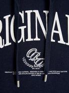 Close-up of the JACK & JONES Frederiksberg Bold Branding Hoodie in Sky Captain with Originals chest print and drawstring