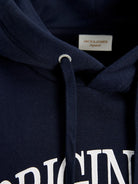 Close-up of the JACK & JONES Frederiksberg Bold Branding Hoodie in Sky Captain with hood drawstring and chest print