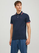 JACK & JONES Paulos Navy With Red Tipping Short Sleeve Polo Navy Blazer Red front view