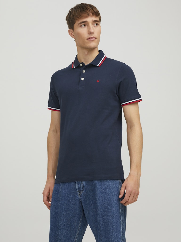 JACK & JONES Paulos Navy With Red Tipping Short Sleeve Polo Navy Blazer Red front view