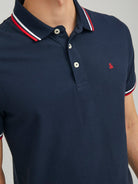 JACK & JONES Paulos Navy With Red Tipping Short Sleeve Polo Navy Blazer Red side view