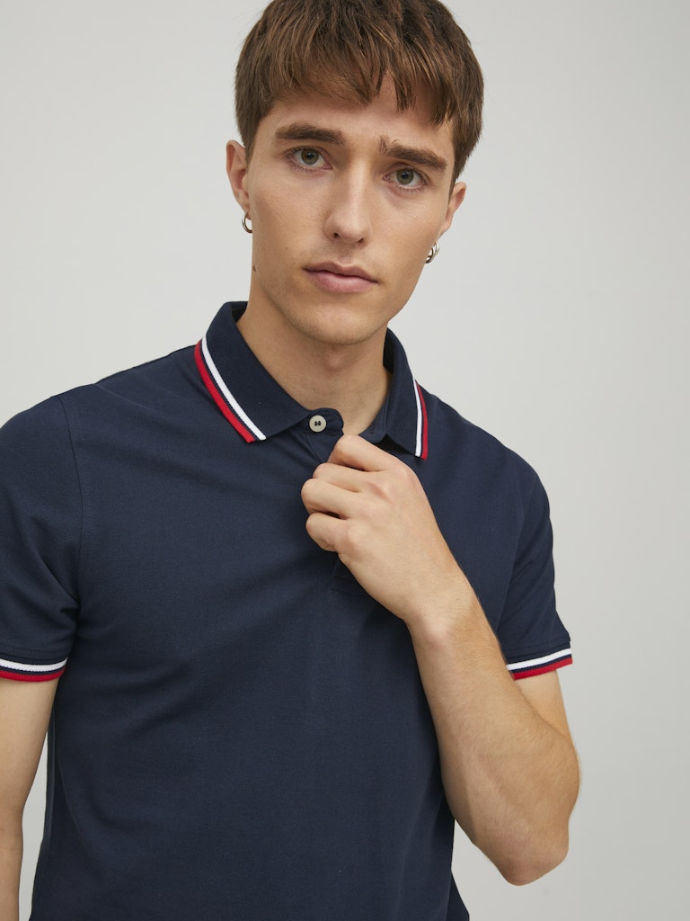 JACK & JONES Paulos Navy With Red Tipping Short Sleeve Polo Navy Blazer Red back view