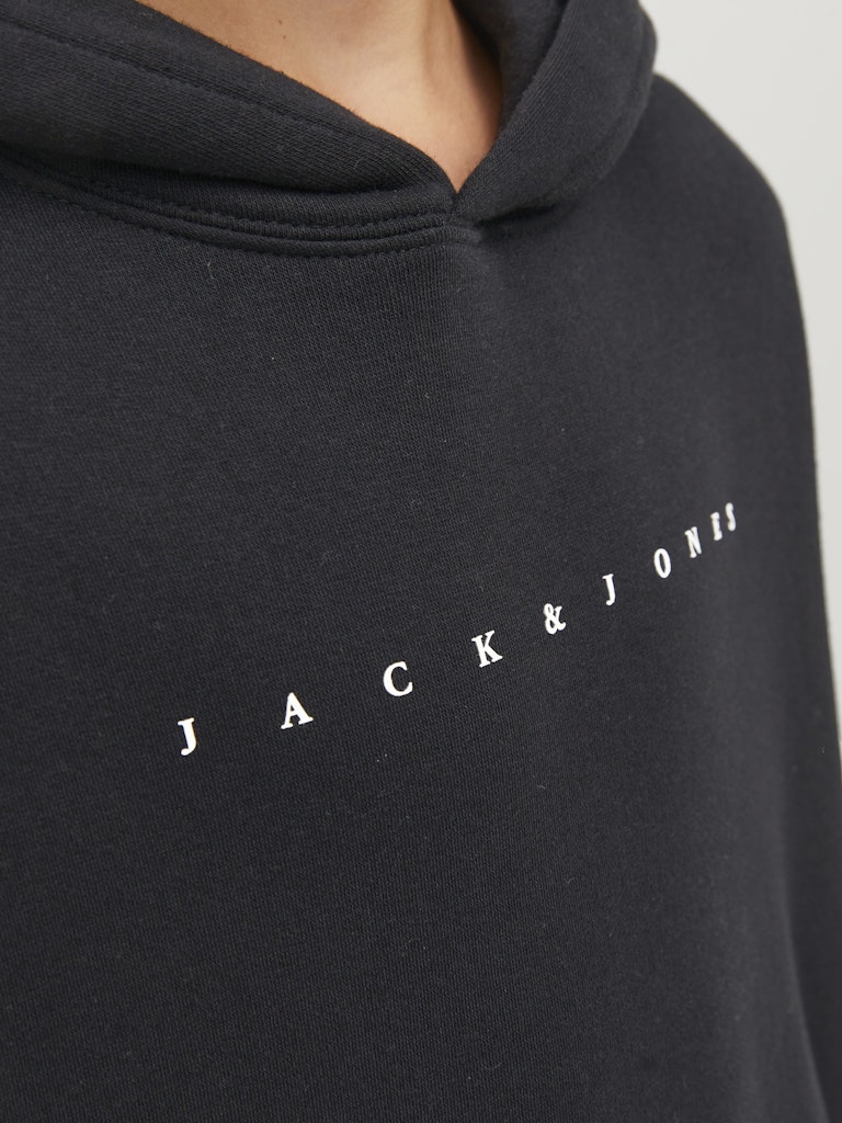 Black hoodie with 'Jack & Jones' logo on a light gray background
