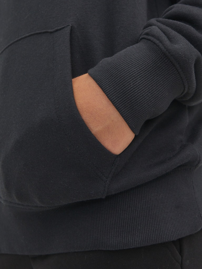 Close-up of a black sweatshirt with a pocket and arm showing.