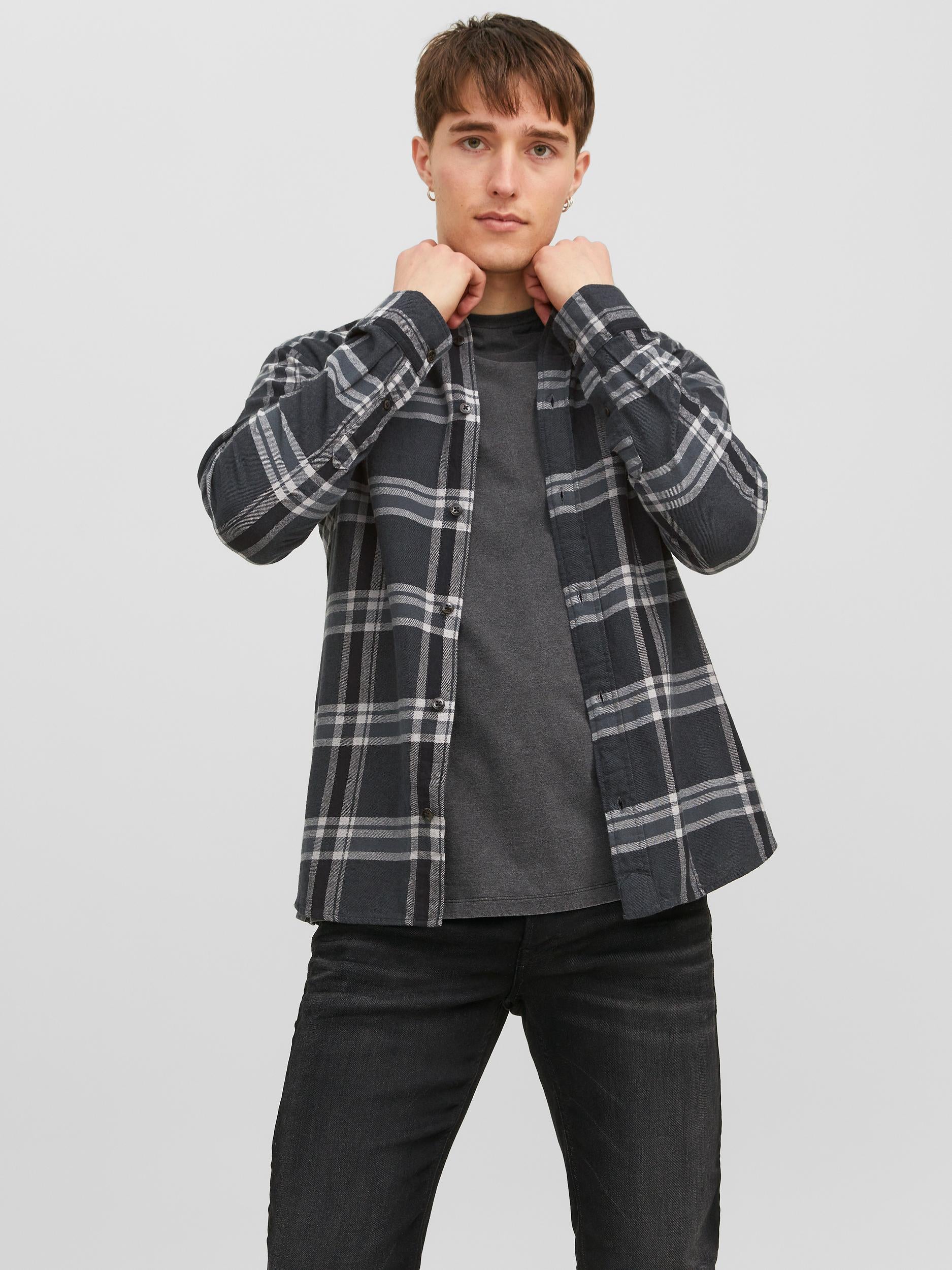 Men's Brook Check Twill Shirt Long Sleeve-Black Sand-Front View
