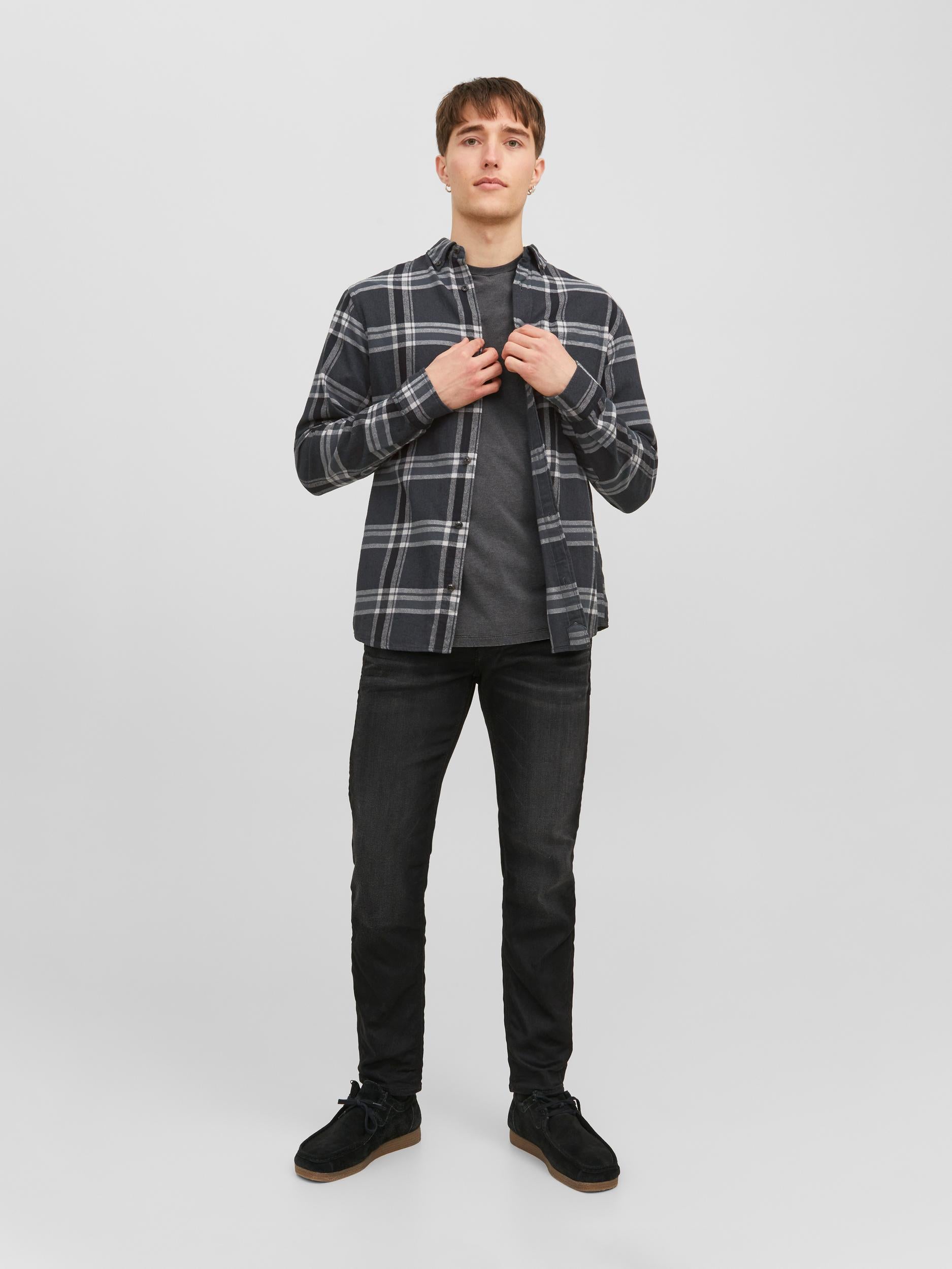 Men's Brook Check Twill Shirt Long Sleeve-Black Sand-Full Model View