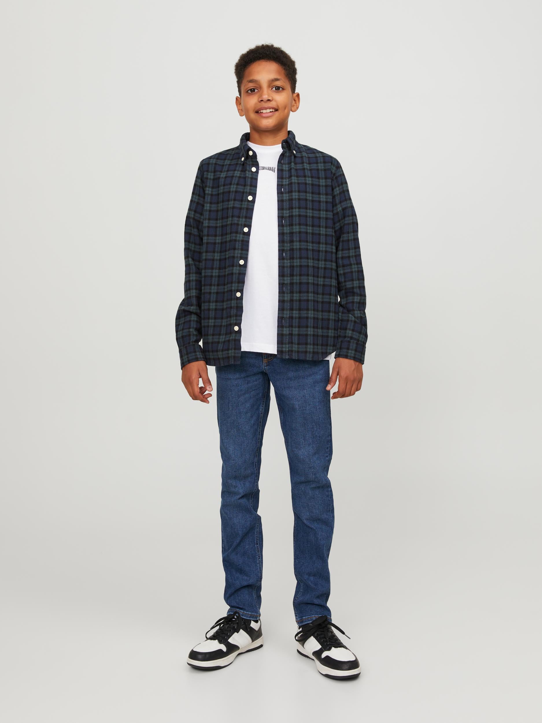 Boy's Cozy Flannel Check Shirt Long Sleeve Junior-Navy Blazer-Model Full Front View