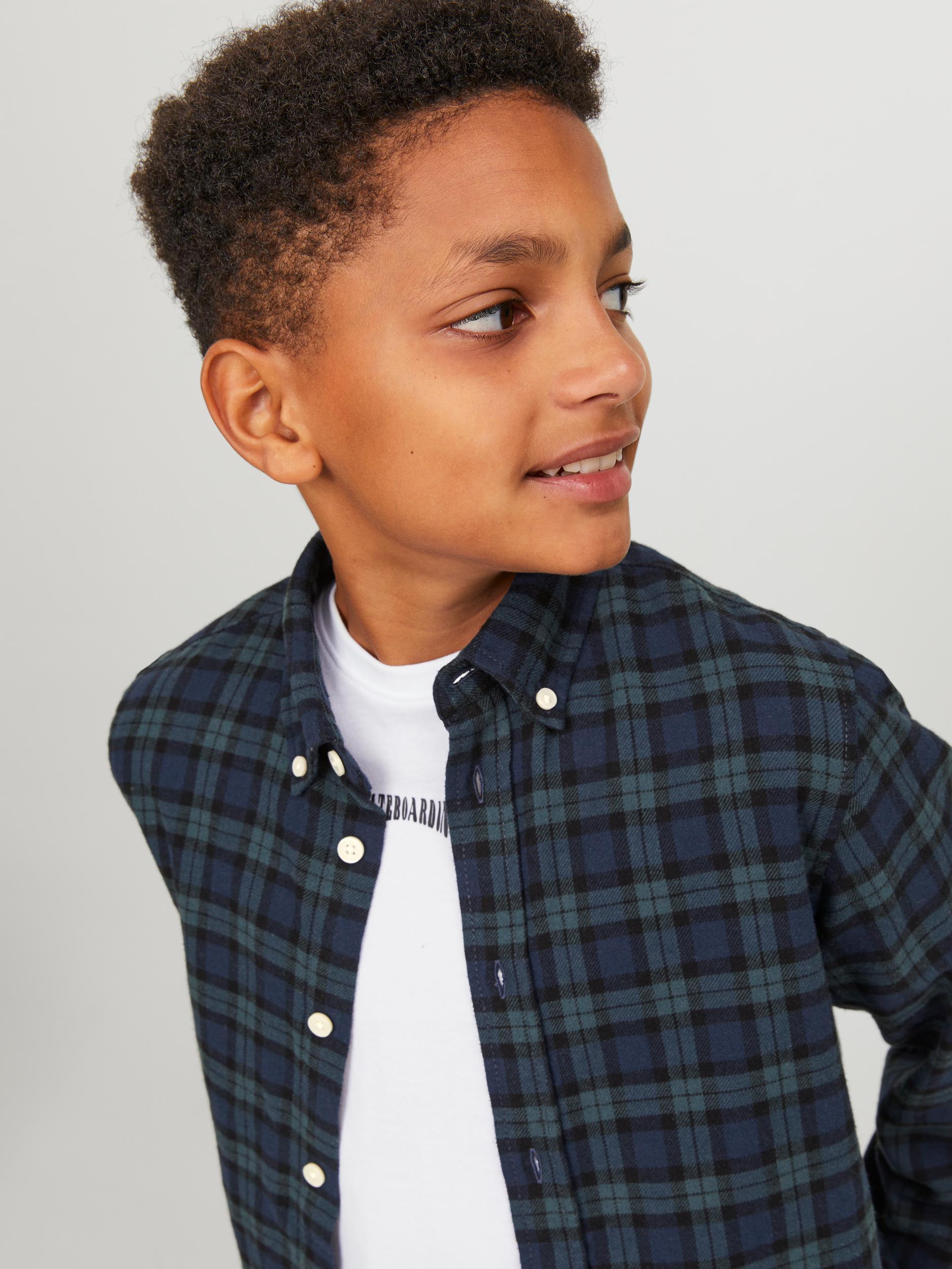 Boy's Cozy Flannel Check Shirt Long Sleeve Junior-Navy Blazer-Close up View