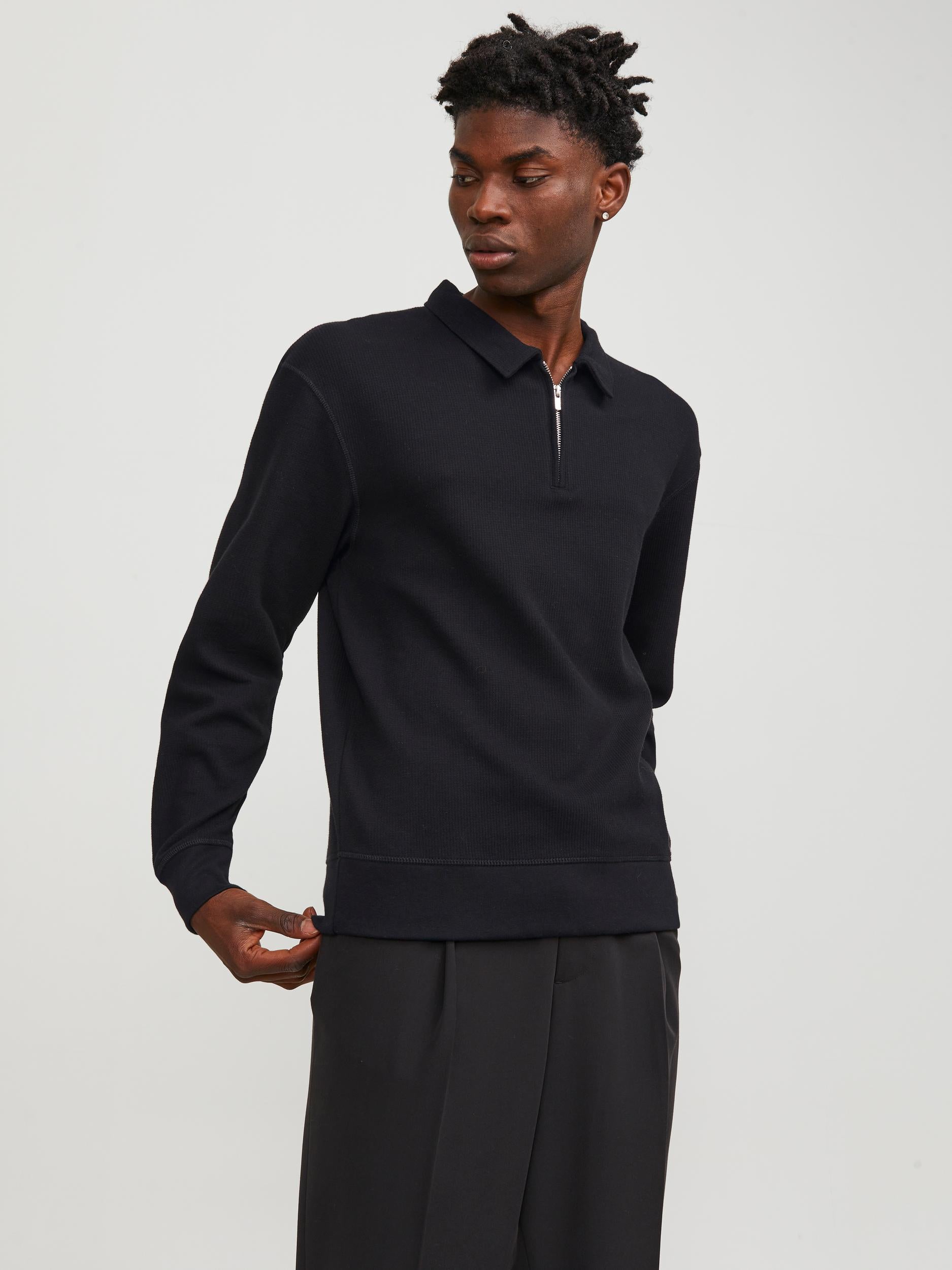 Men's Brody Sweat Long Sleeve Zip Polo-Black-Model Front View