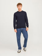JACK & JONES Globe Crew Neck Mood Indigo Knit Mood Indigo model front view