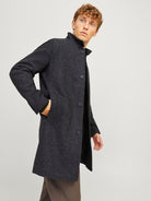 JACK JONES PREMIUM Wilson Black Structure Wool Coat Black model front view