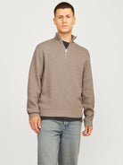 JACK JONES PREMIUM Milano Stitch Half Zip Knit-Greige Greige front view