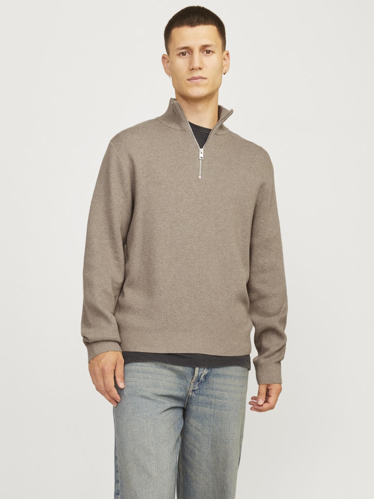 JACK JONES PREMIUM Milano Stitch Half Zip Knit-Greige Greige front view