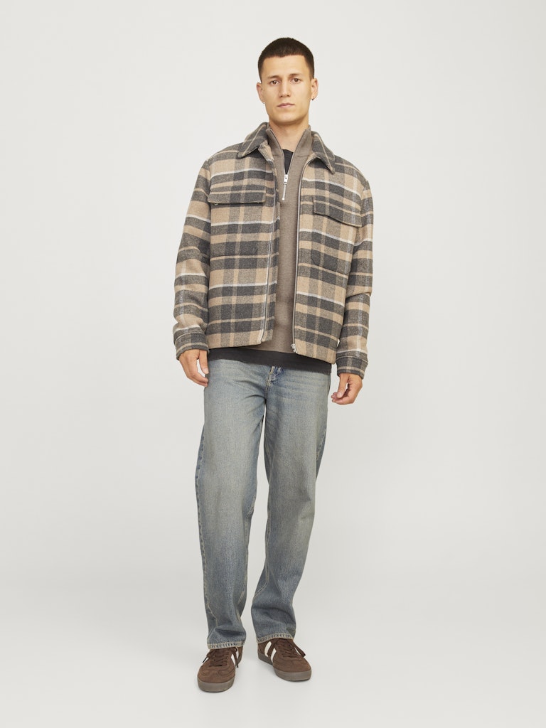 Milano Stitch Half Zip Greige Knit full model view